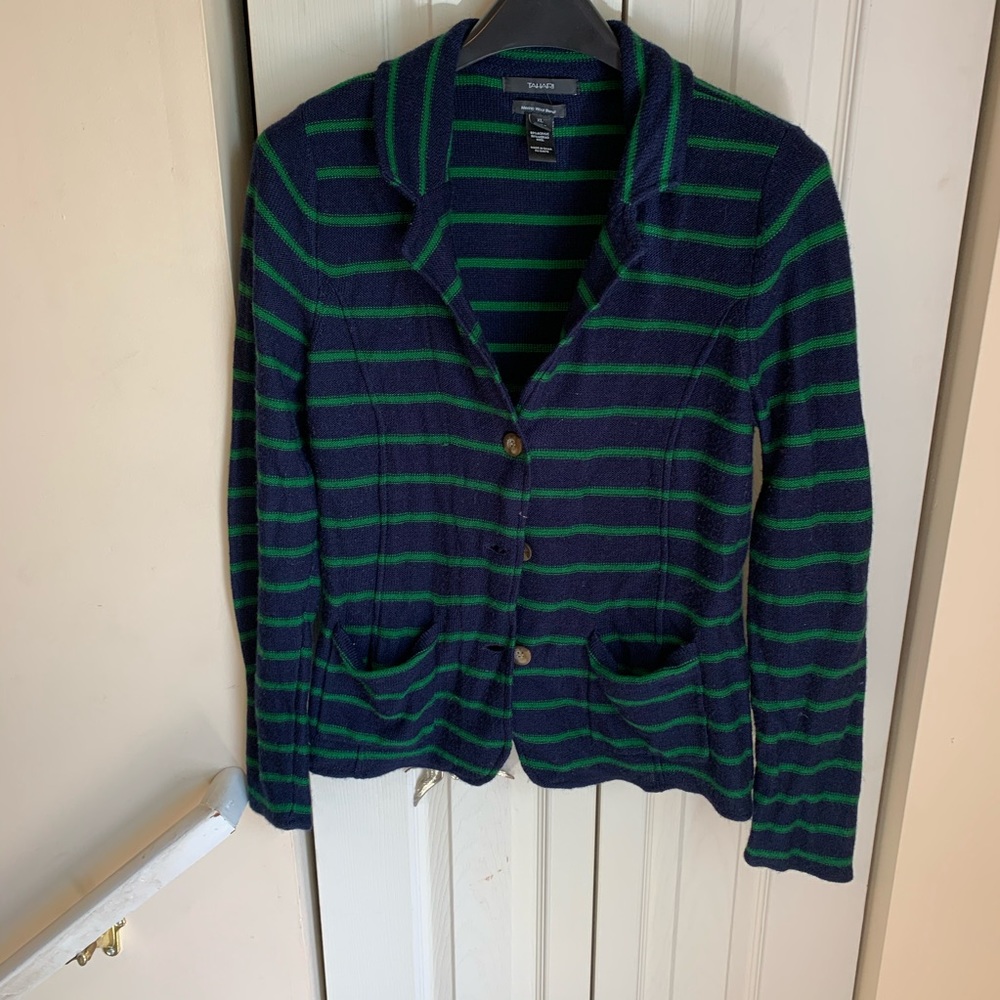 Tahari Merino Blend Striped Navy Green Blazer XL